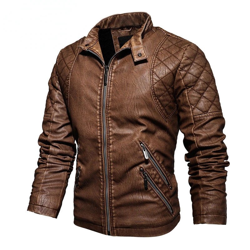 High Quality Leather Jacket Slim fit Stand up Collar Motorcycle Leather Jacket Velvet Warm Jacket Men's Autumn and Winter
