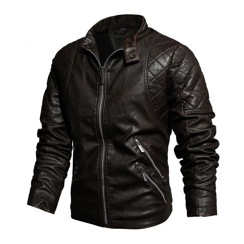 High Quality Leather Jacket Slim fit Stand up Collar Motorcycle Leather Jacket Velvet Warm Jacket Men's Autumn and Winter