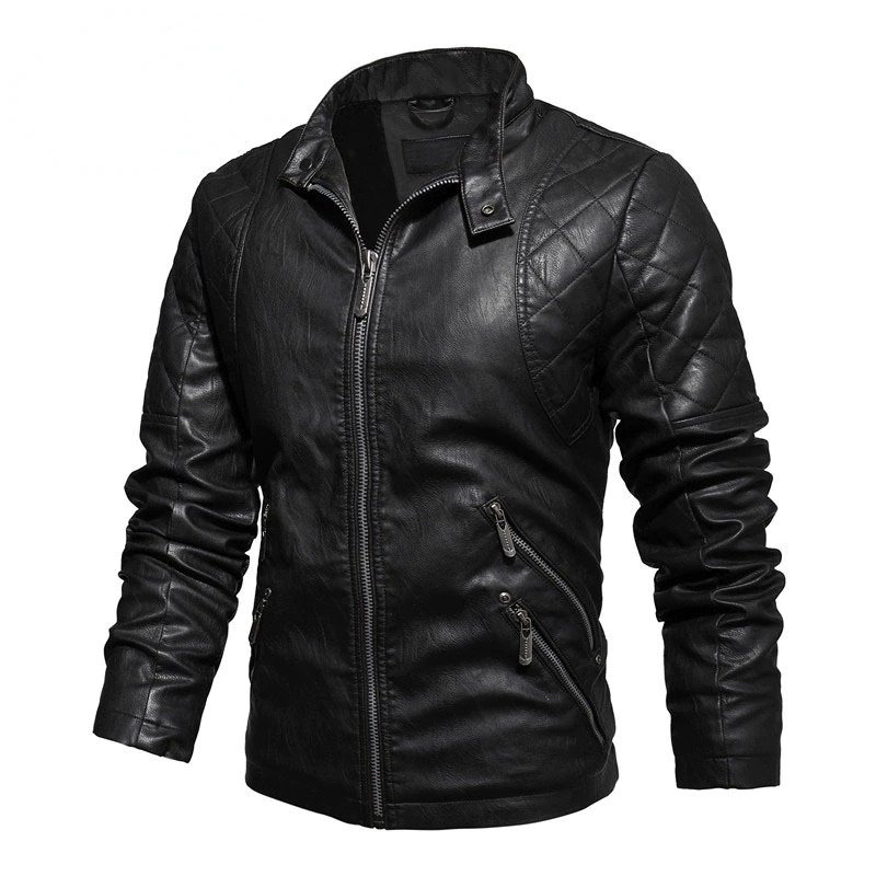 High Quality Leather Jacket Slim fit Stand up Collar Motorcycle Leather Jacket Velvet Warm Jacket Men's Autumn and Winter