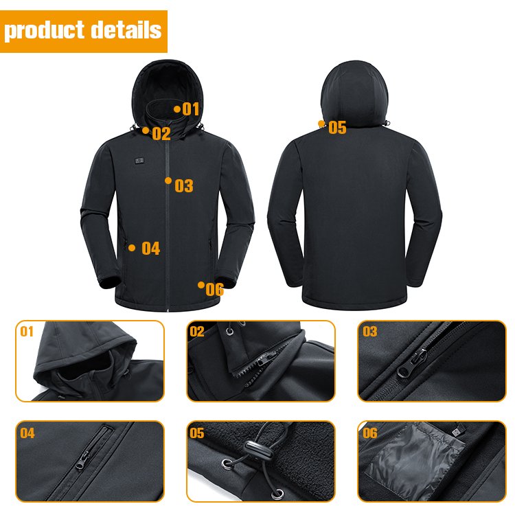 5V cellphone power bank heated Soft shell battery operated clothing hood heated jacket clothes body warmer men's wear for winter