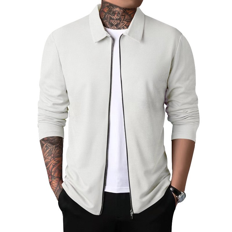 Fashion Cardigan Jacket Men's Autumn Zipper Jacket Casual Long Sleeved Turn Down Collar Waffle Jacket Coat