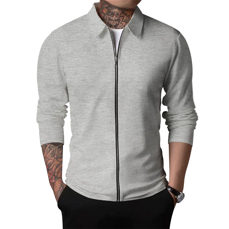 Fashion Cardigan Jacket Men's Autumn Zipper Jacket Casual Long Sleeved Turn Down Collar Waffle Jacket Coat