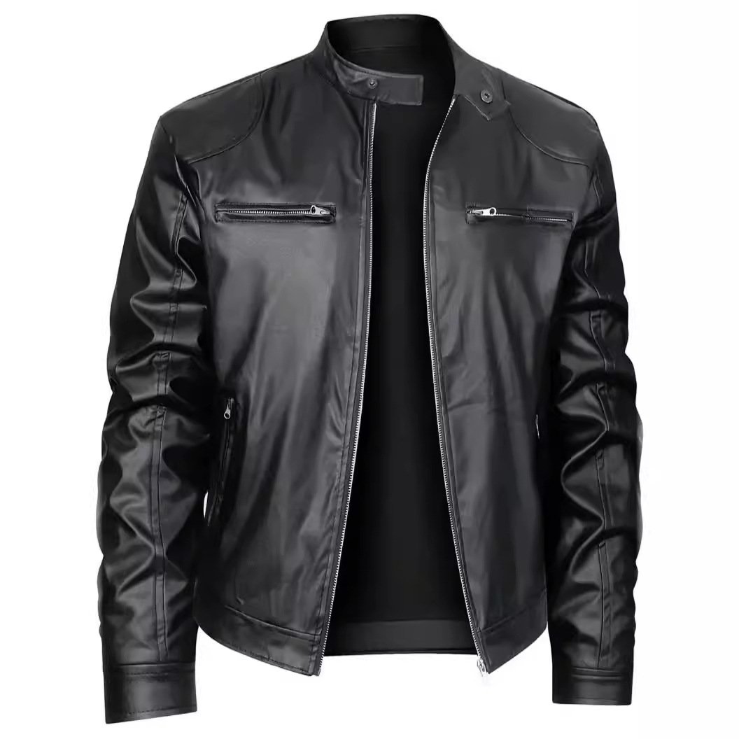 Custom Men'S Jacket Stand Collar Vintage Zipper Leather Jacket Outdoor Autumn Long Sleeve PU Leather Jacket