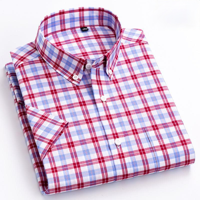 2021 New Short Sleeve Plaid Shirt Men's Jacket Cotton Thin Short Sleeve Shirt Casual Half Sleeve Shirt Men's Wear