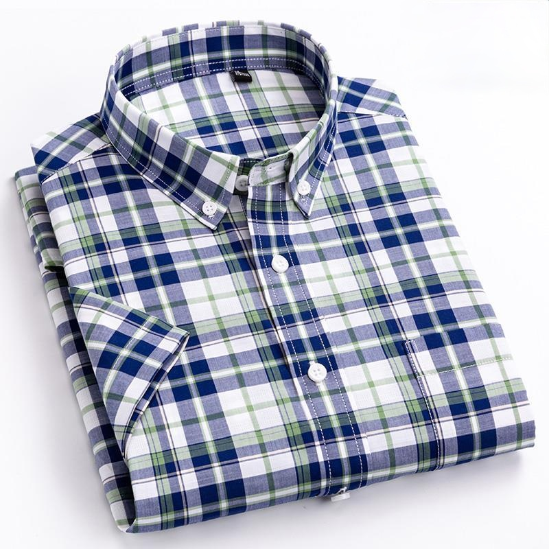 2021 New Short Sleeve Plaid Shirt Men's Jacket Cotton Thin Short Sleeve Shirt Casual Half Sleeve Shirt Men's Wear