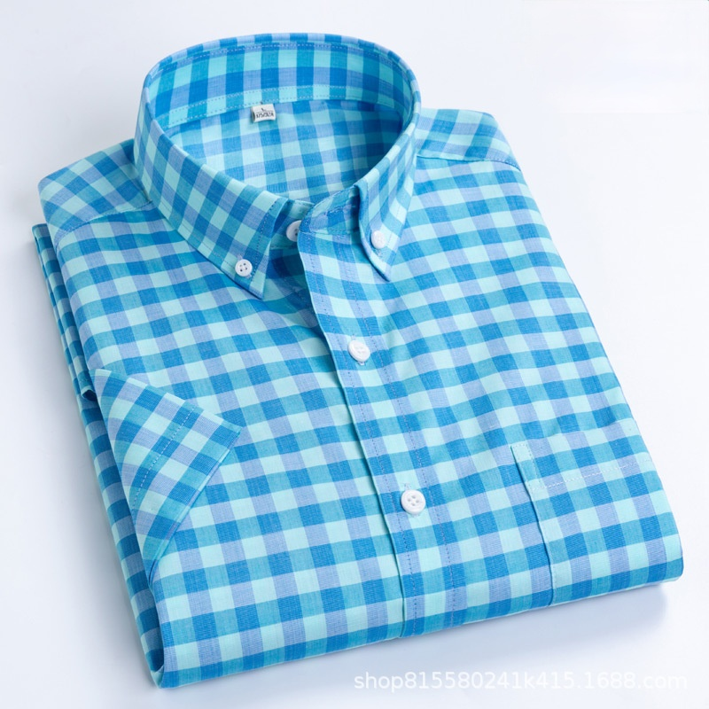 2021 New Short Sleeve Plaid Shirt Men's Jacket Cotton Thin Short Sleeve Shirt Casual Half Sleeve Shirt Men's Wear