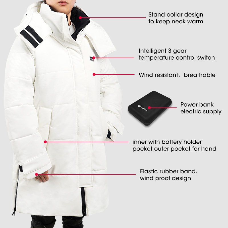 Men's White Puffer Coat Battery Heated Winter down Jacket with CE Rohs Waterproof Thermal Fabric and Logo Decoration
