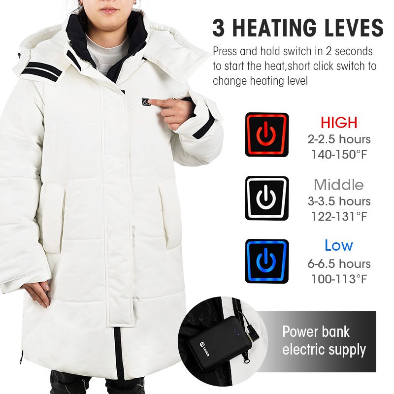 Men's White Puffer Coat Battery Heated Winter down Jacket with CE Rohs Waterproof Thermal Fabric and Logo Decoration