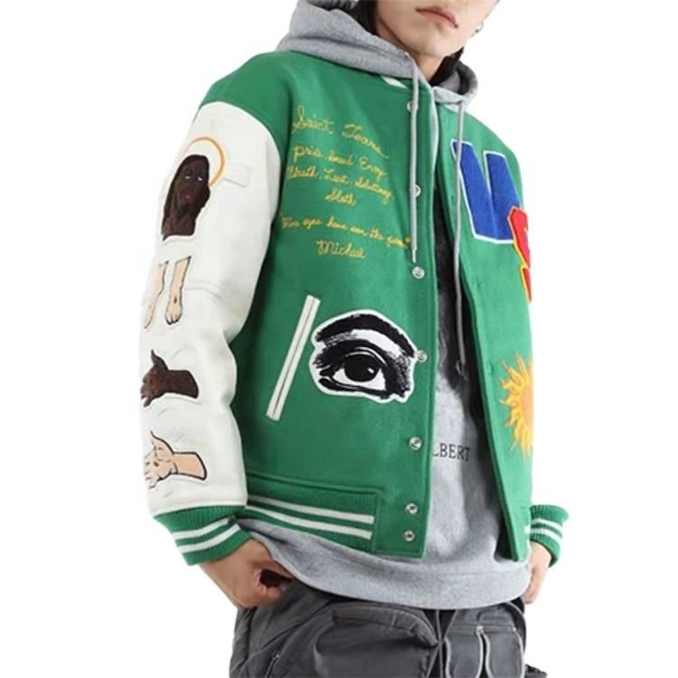Custom Logo Vintage Wool Chenille Embroidery Baseball Letterman Jackets Blank Green Leather Sleeve Varsity Men'S Jacket
