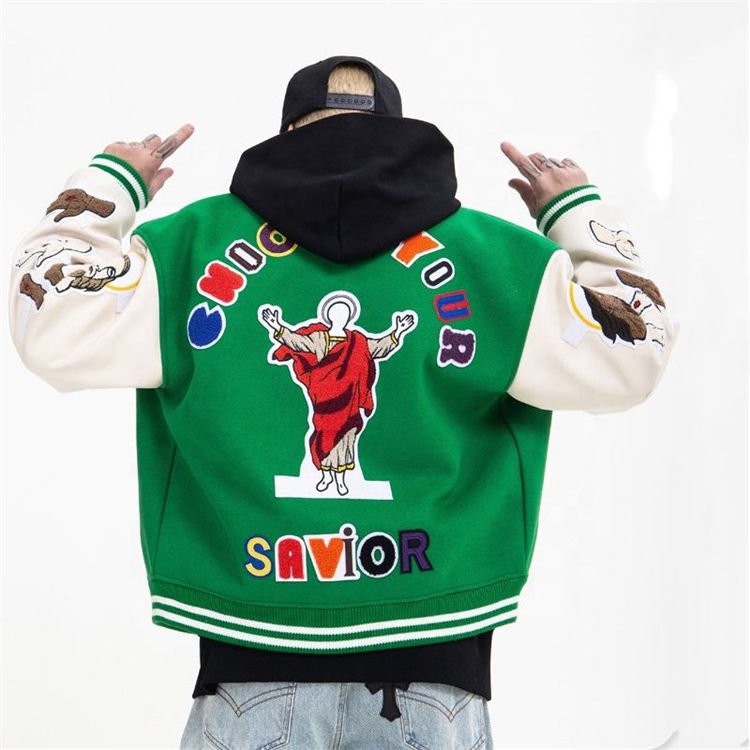 Custom Logo Vintage Wool Chenille Embroidery Baseball Letterman Jackets Blank Green Leather Sleeve Varsity Men'S Jacket
