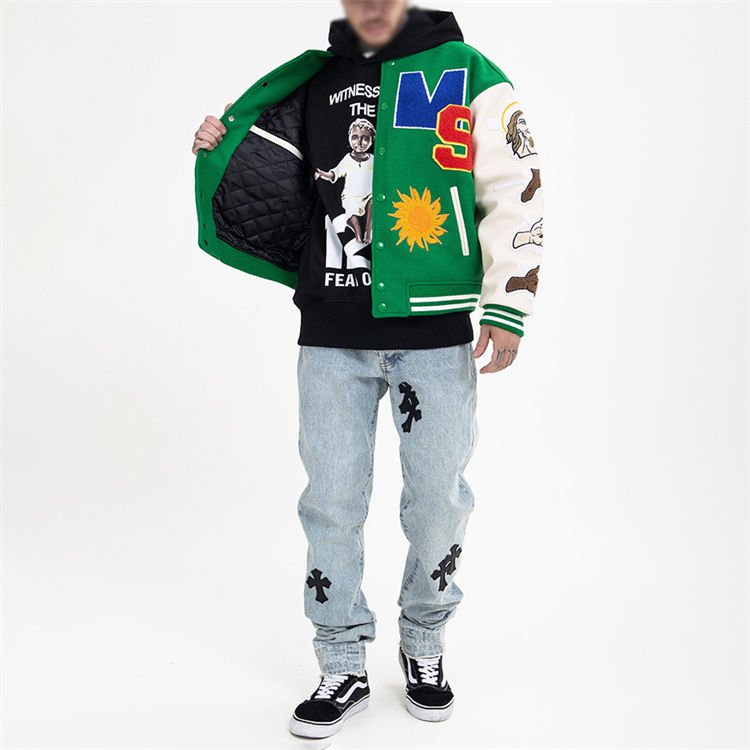 Custom Logo Vintage Wool Chenille Embroidery Baseball Letterman Jackets Blank Green Leather Sleeve Varsity Men'S Jacket