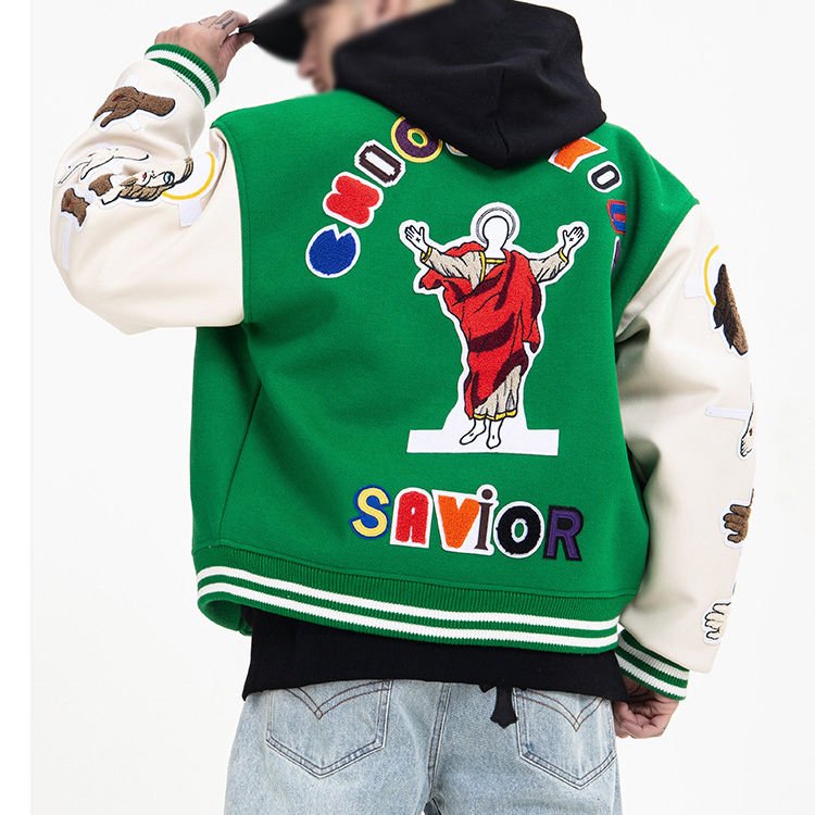 Custom Logo Vintage Wool Chenille Embroidery Baseball Letterman Jackets Blank Green Leather Sleeve Varsity Men'S Jacket