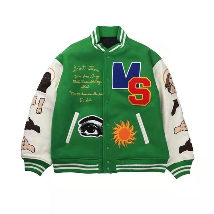 Custom Logo Vintage Wool Chenille Embroidery Baseball Letterman Jackets Blank Green Leather Sleeve Varsity Men'S Jacket