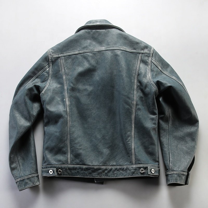 New 506 heavily washed Smart Casual Turn-down Collar denim Blue cowhide jacket real cow Leather short lapel stylish men's jacket