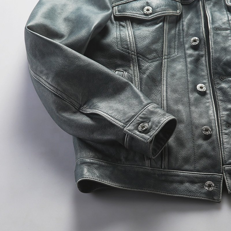 New 506 heavily washed Smart Casual Turn-down Collar denim Blue cowhide jacket real cow Leather short lapel stylish men's jacket