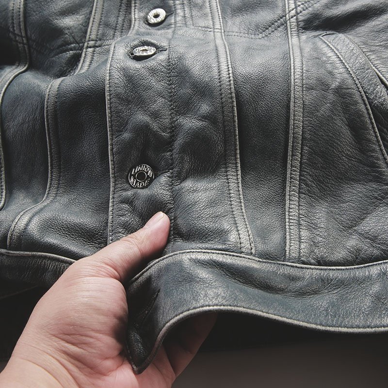 New 506 heavily washed Smart Casual Turn-down Collar denim Blue cowhide jacket real cow Leather short lapel stylish men's jacket