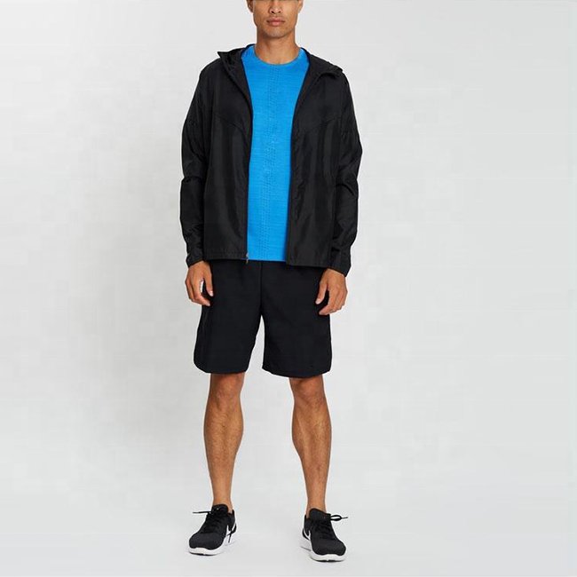 Custom Logo Mens Casual Fashion Custom Black Polyester Runner Jackets Men's Hooded Jackets Coats Black Windbreaker Jacket Men