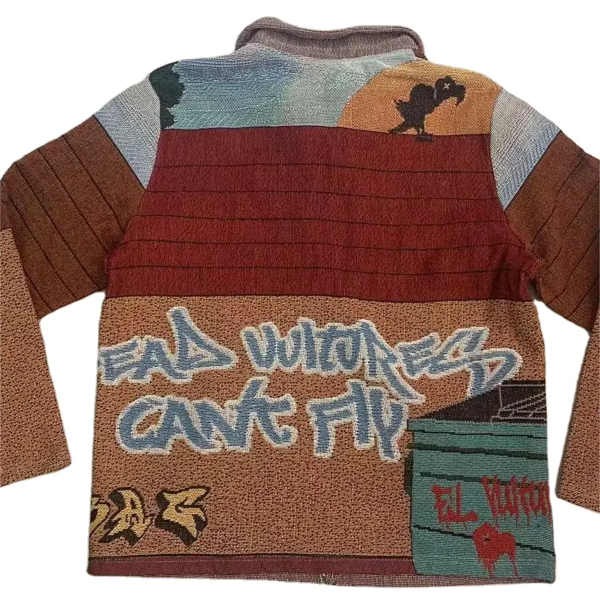 Custom tapestry outdoor jacket crew necks men's sweater all plus sizes woven jacquard hoodie fleece sweater jacket