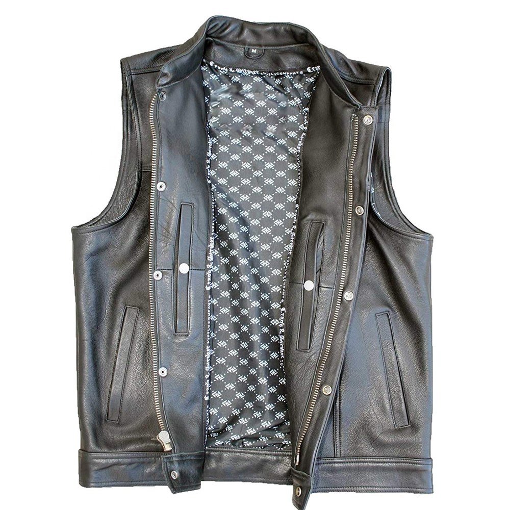 Cruiser Motorcycle Customize 2024 North American Men's club Leather Motorcycle Vest Zipper & Snap Closure w 2 Inside Gun Pockets