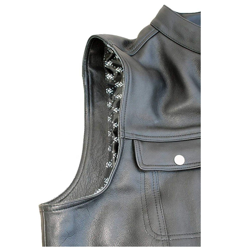 Cruiser Motorcycle Customize 2024 North American Men's club Leather Motorcycle Vest Zipper & Snap Closure w 2 Inside Gun Pockets