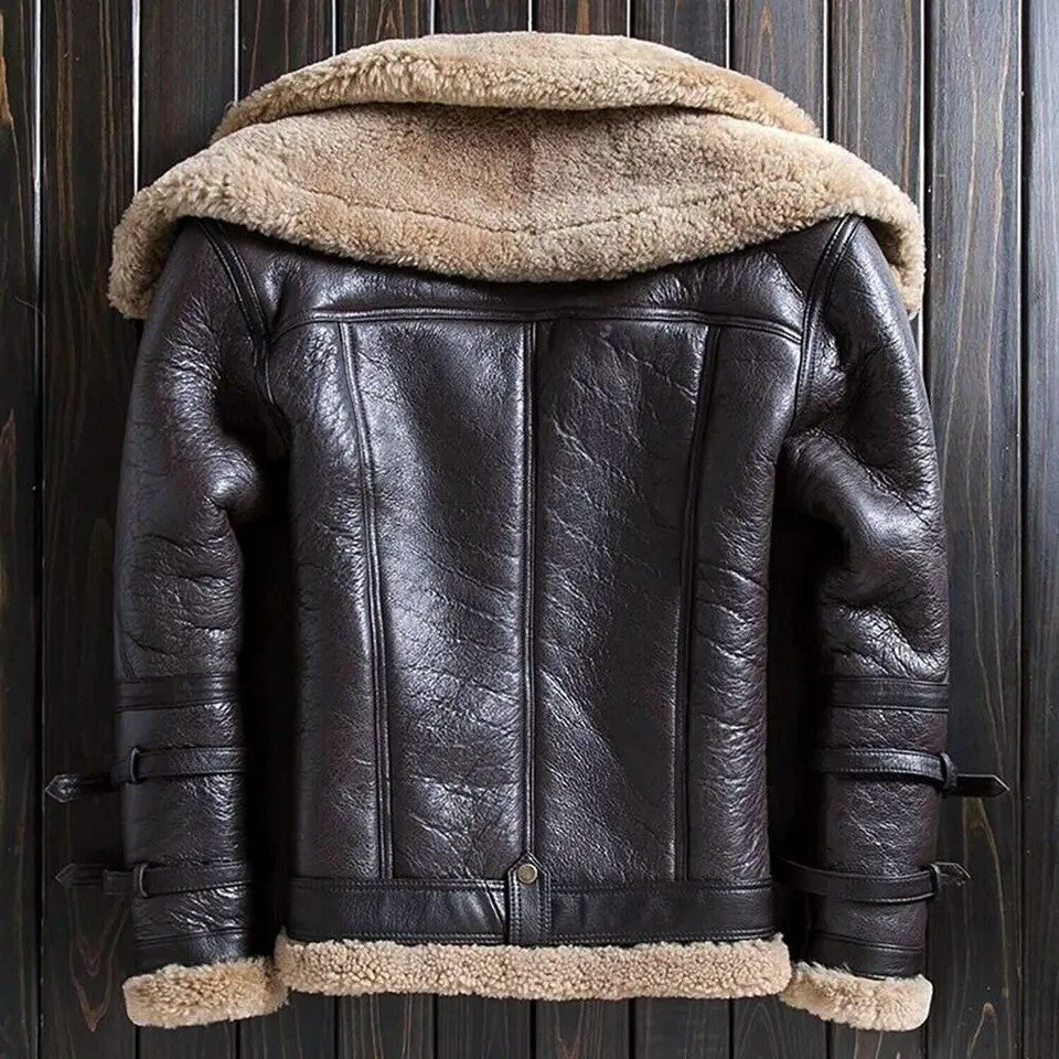 B3 Bomber Aviator RAF Real Sheep Skin Pilot Flying Double Collar Leather Jacket