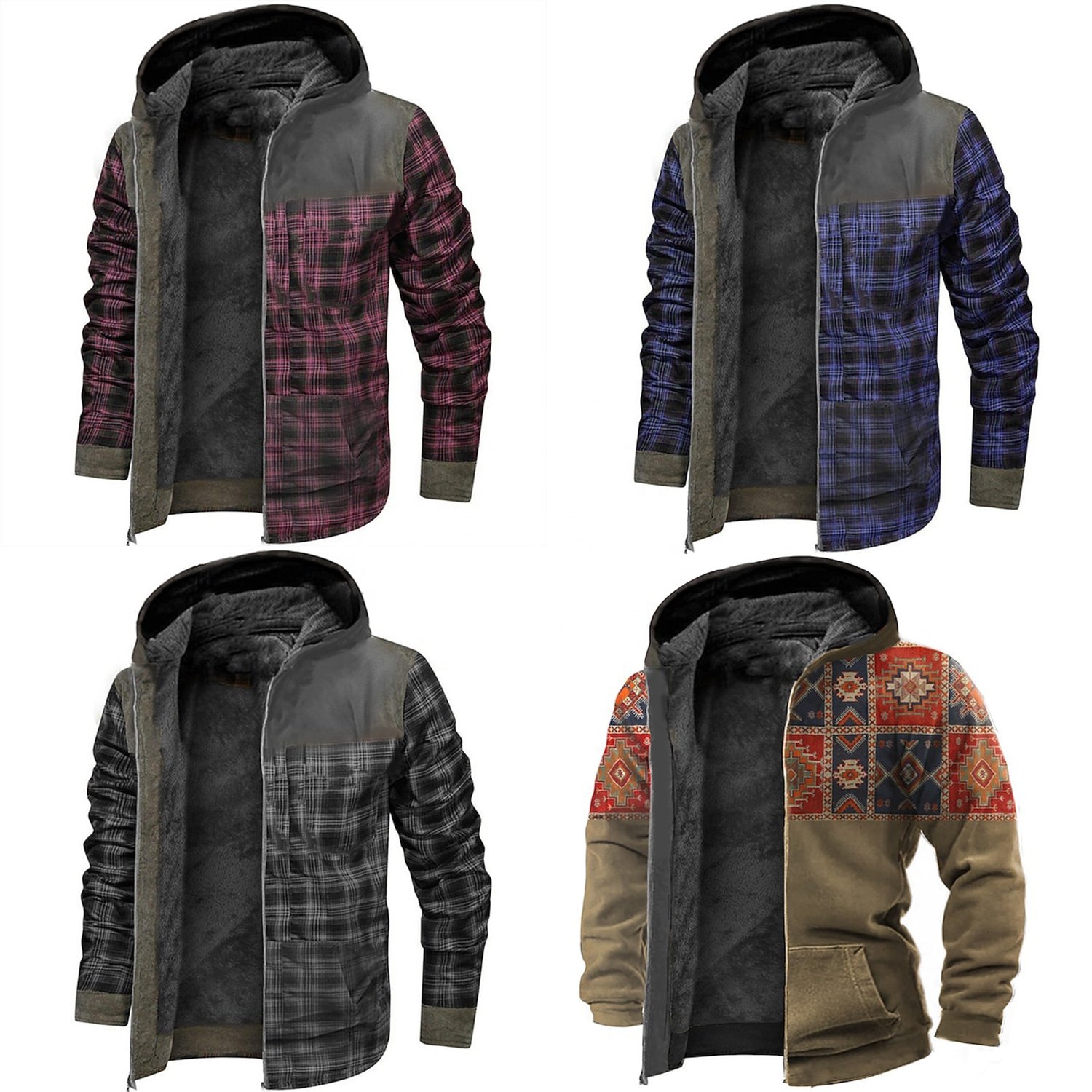 Wholesale Winter Clothing Men's Full Zip Hoodie Jacket Tartan Graphic 3D Print Casual Daily Sports Warm Comfortable Jacket Coat
