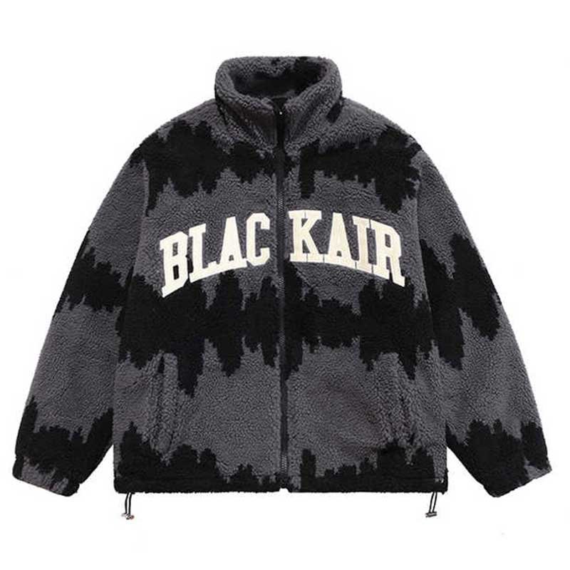 men's custom logo sherpa coat with black resin zipper 2 front sloping pockets sliver metal drawcord winter coat