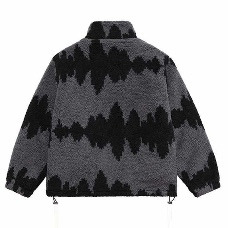 men's custom logo sherpa coat with black resin zipper 2 front sloping pockets sliver metal drawcord winter coat