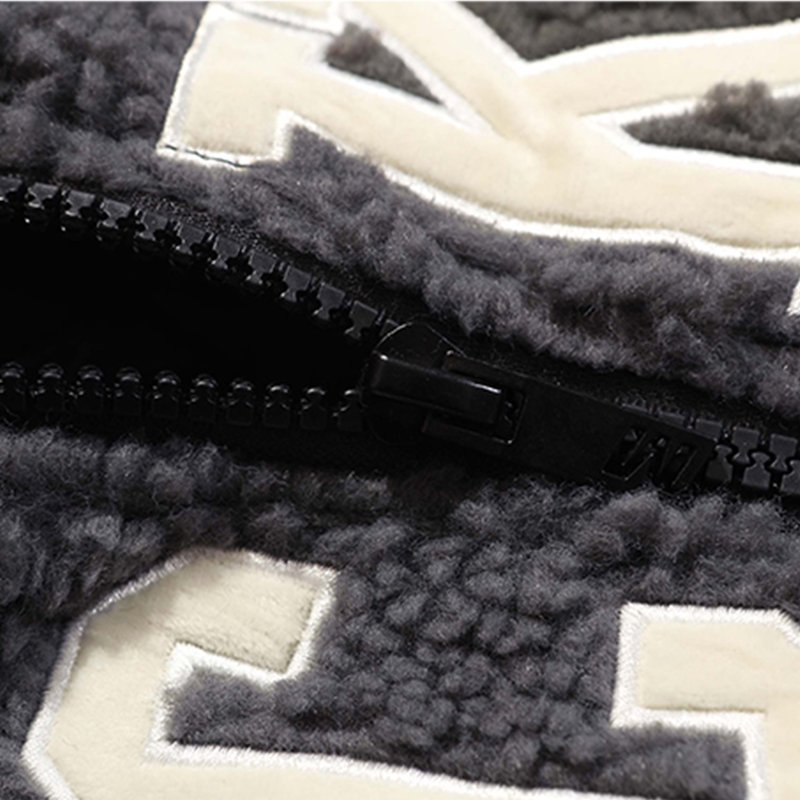 men's custom logo sherpa coat with black resin zipper 2 front sloping pockets sliver metal drawcord winter coat