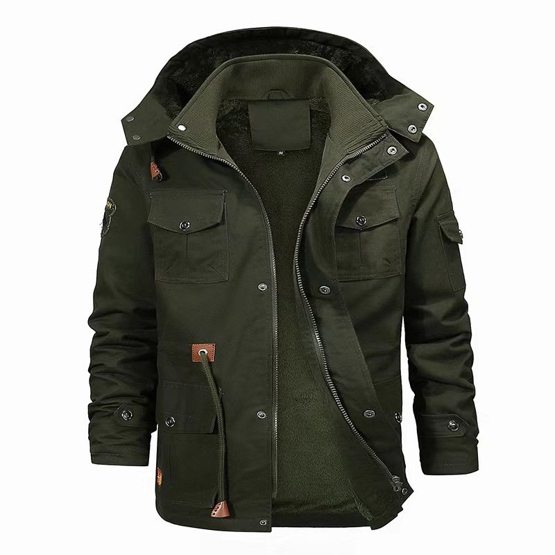 Wholesale 2024 Men's Casual Fleece Cargo Outwear Jackets Hooded Bomber Coats Thick Winter with Zipper Closure for Autumn Season