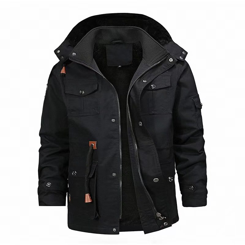 Wholesale 2024 Men's Casual Fleece Cargo Outwear Jackets Hooded Bomber Coats Thick Winter with Zipper Closure for Autumn Season