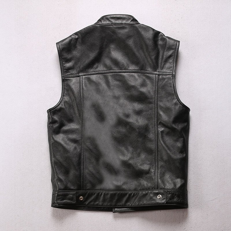 Factory Custom Leather Vest Add Embroidery Utility Motorcycle Biker Club Unisex Plus Size 7XL Cowhide Sleeveless Jackets Black