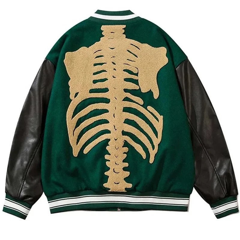 Wholesale High Quality Varsity Men's Jacket Leather Sleeves Custom Chenille Embroidery Bone Pattern Men Baseball Jacket