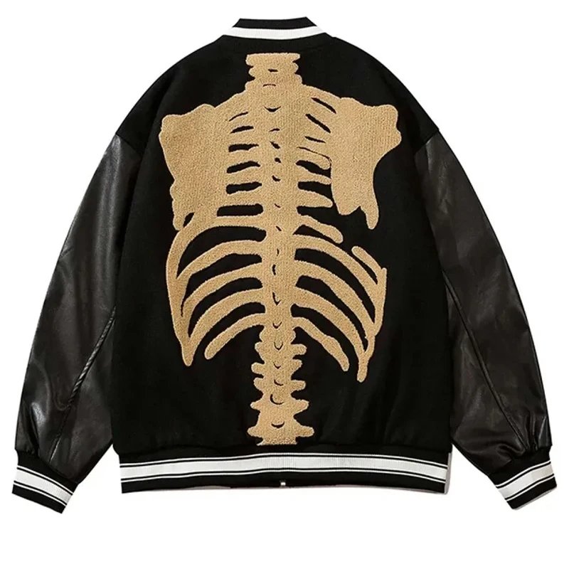 Wholesale High Quality Varsity Men's Jacket Leather Sleeves Custom Chenille Embroidery Bone Pattern Men Baseball Jacket