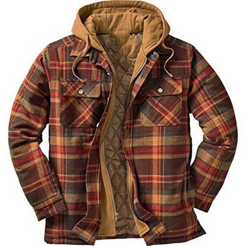 Wholesale Men's Casual Style Full Zip Sherpa Flannel Jackets Plaid Cotton Soft Warm Coat With Hood Fleece Lined For Winter