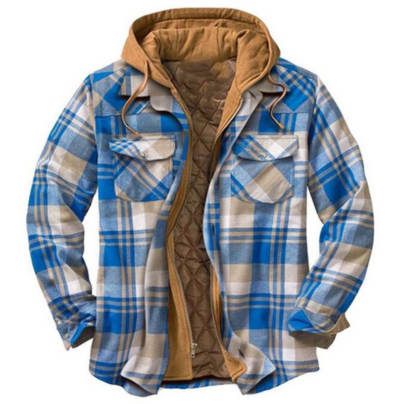 Wholesale Men's Casual Style Full Zip Sherpa Flannel Jackets Plaid Cotton Soft Warm Coat With Hood Fleece Lined For Winter