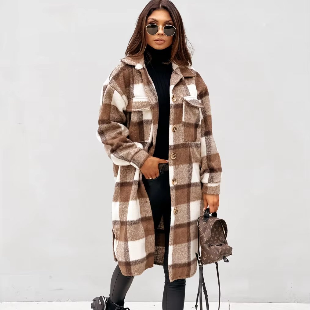 Printed Plaid Color Women's Cardigan Long Fall Winter Coat turtleneck Warm Coat Long Coats Thicker Jackets 2024 Tops