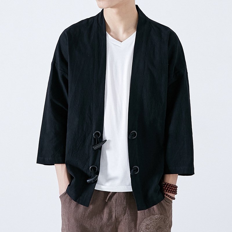 2024 Factory wholesale Autumn Men's Casual Chinese Style Cotton Linen Coat Solid Color Kimono Cardigan Jacket Loose Outerwear