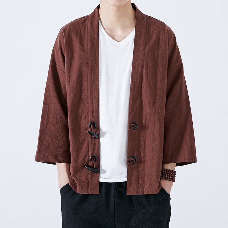 2024 Factory wholesale Autumn Men's Casual Chinese Style Cotton Linen Coat Solid Color Kimono Cardigan Jacket Loose Outerwear