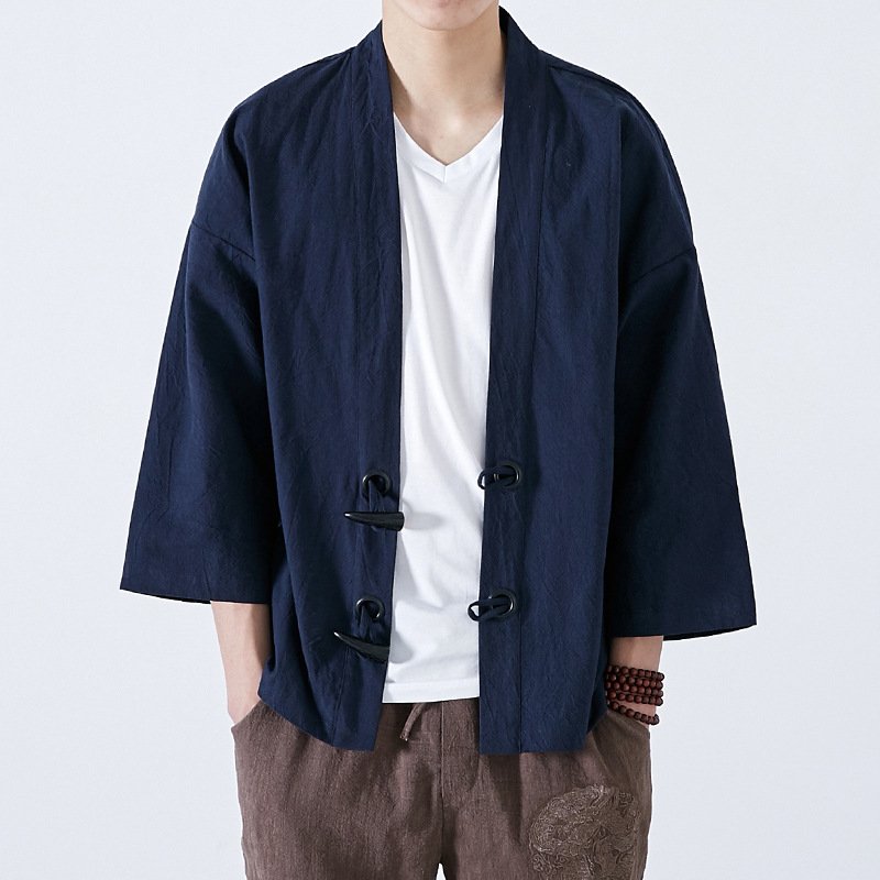 2024 Factory wholesale Autumn Men's Casual Chinese Style Cotton Linen Coat Solid Color Kimono Cardigan Jacket Loose Outerwear