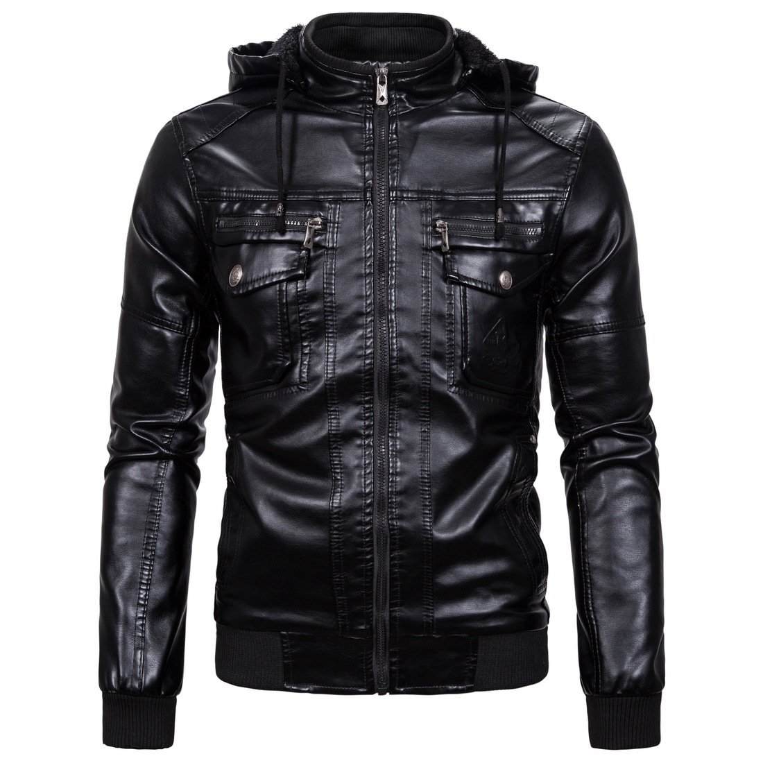 Autumn and winter new fashion casual men's hooded leather jacket solid color stand collar plus velvet men's jacket.