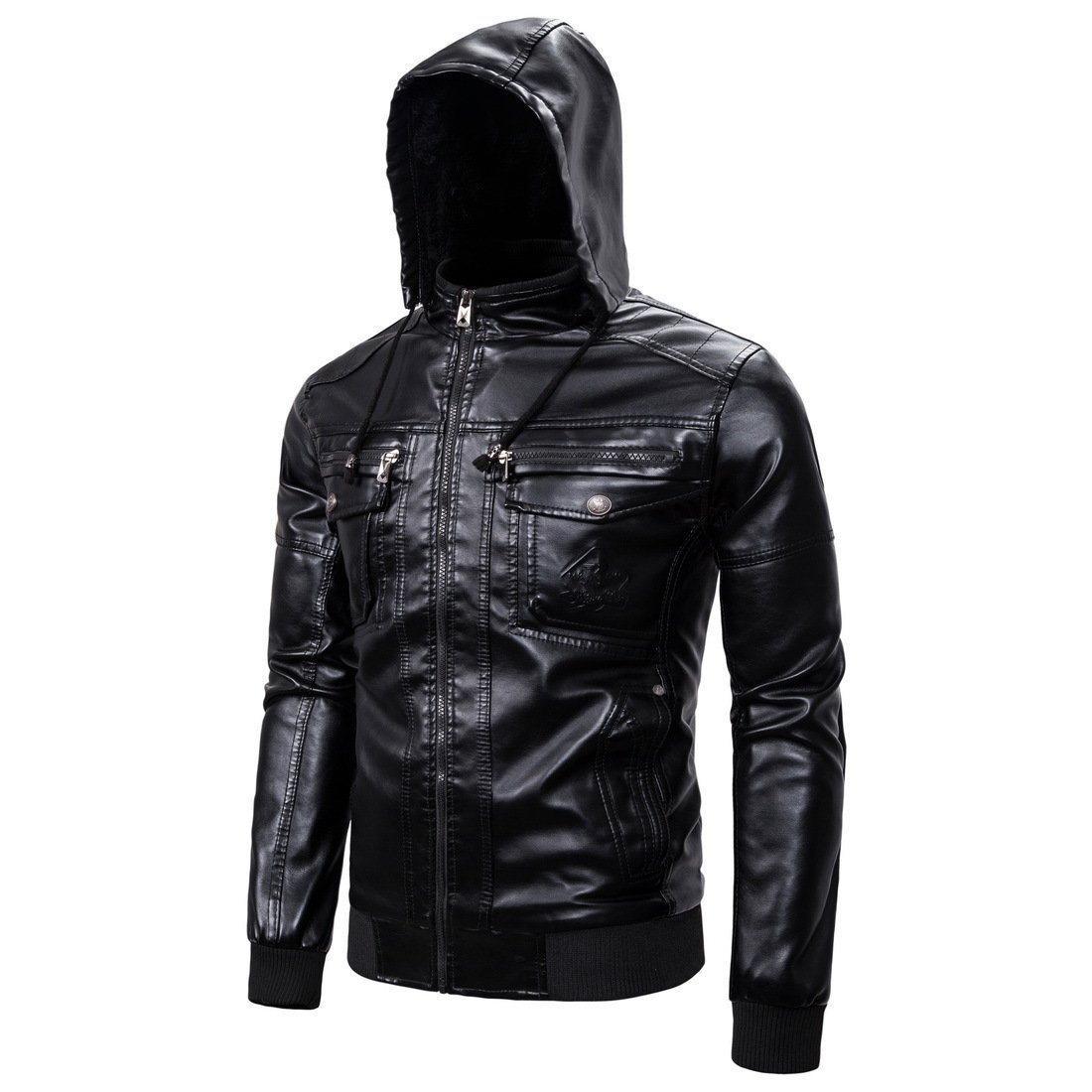 Autumn and winter new fashion casual men's hooded leather jacket solid color stand collar plus velvet men's jacket.