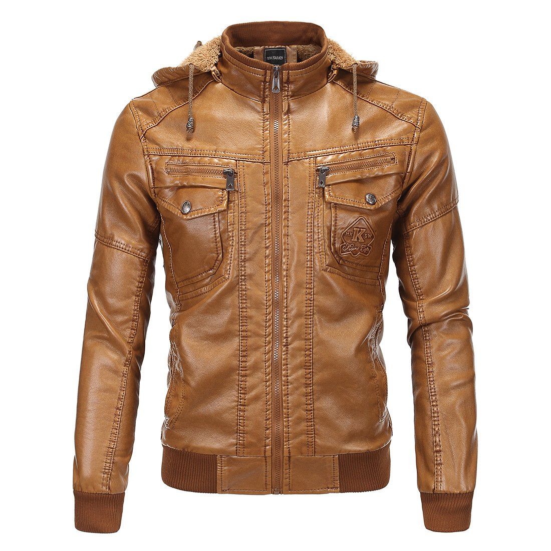 Autumn and winter new fashion casual men's hooded leather jacket solid color stand collar plus velvet men's jacket.