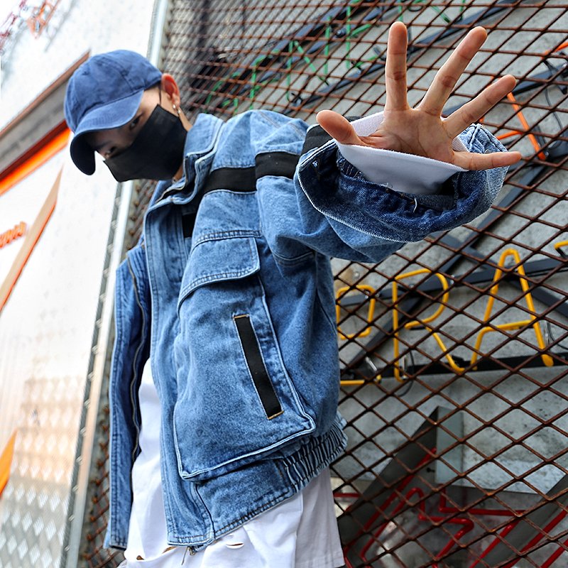 2021 Hip-hop Contrast Stitching Washed Denim Jackets Stand Collar Loose men's crop jackets Wholesale