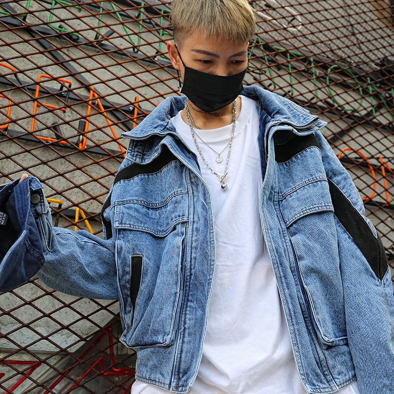 2021 Hip-hop Contrast Stitching Washed Denim Jackets Stand Collar Loose men's crop jackets Wholesale