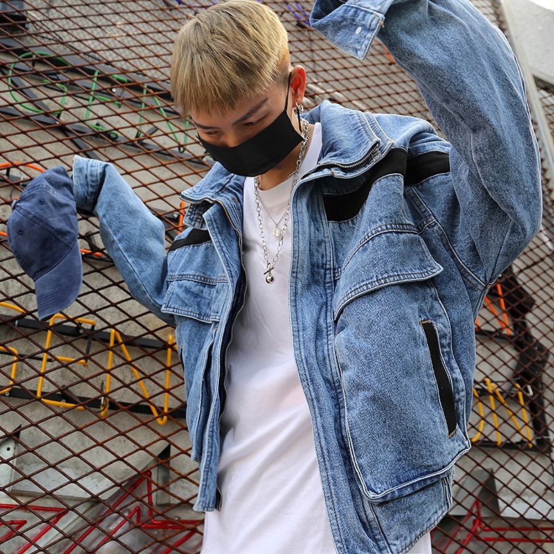 2021 Hip-hop Contrast Stitching Washed Denim Jackets Stand Collar Loose men's crop jackets Wholesale