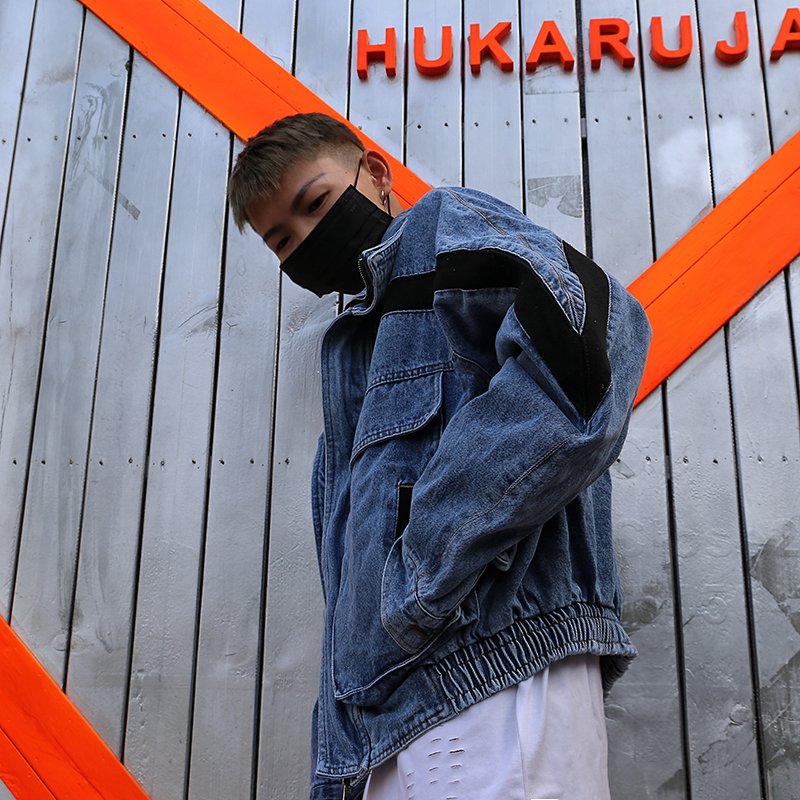 2021 Hip-hop Contrast Stitching Washed Denim Jackets Stand Collar Loose men's crop jackets Wholesale
