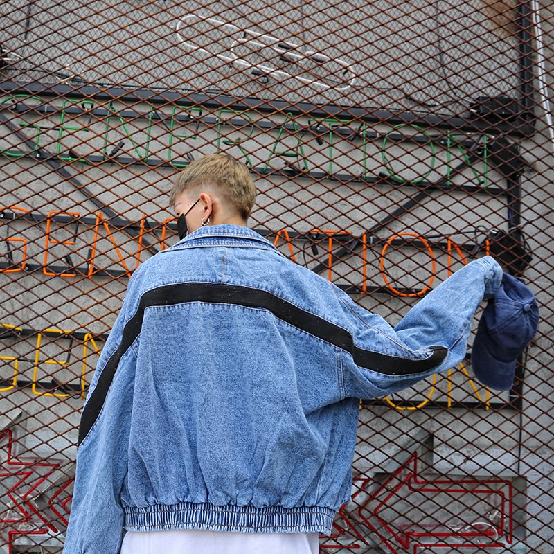2021 Hip-hop Contrast Stitching Washed Denim Jackets Stand Collar Loose men's crop jackets Wholesale