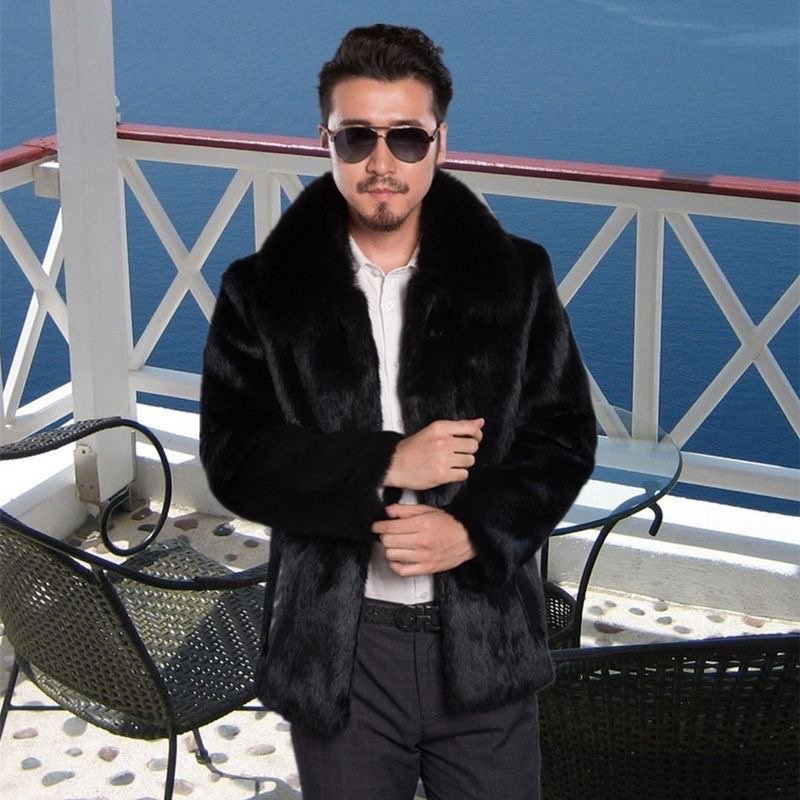 Men's Winter New Rabbit Fur Coat Slim Style Faux Fur Leather Jacket Long Blazer Trench Outwear Fox Type