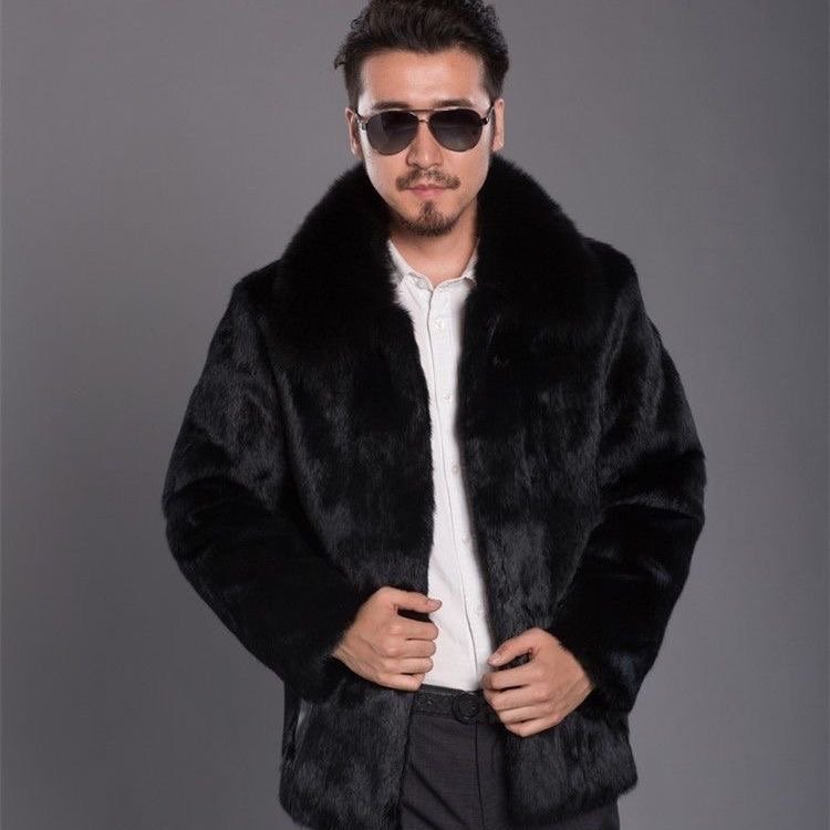 Men's Winter New Rabbit Fur Coat Slim Style Faux Fur Leather Jacket Long Blazer Trench Outwear Fox Type